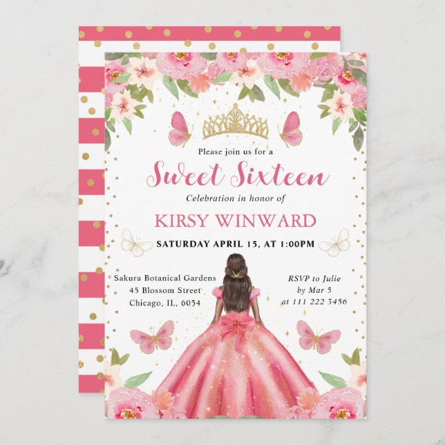 Rosa Dress Mörk Skin Princess Sweet 16 Inbjudningar (Fram/baksida)