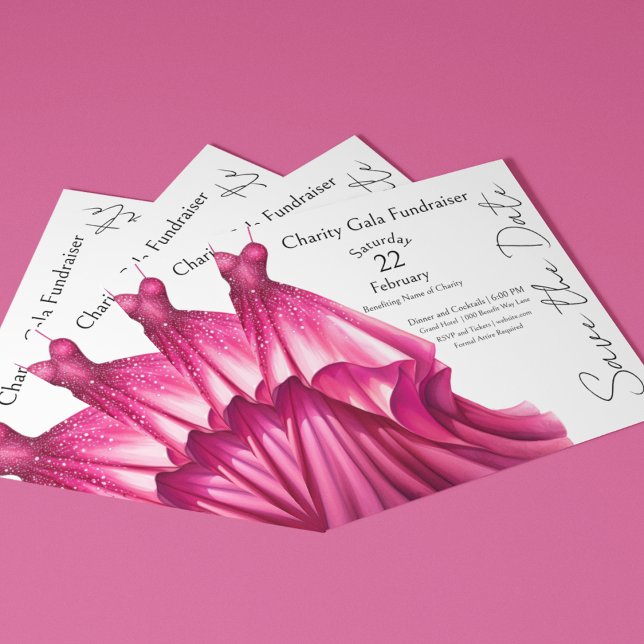 Rosa Dress Ordförande Boll Gala-evenemang Inbjudningar (Save the Date Gala Fundraiser Charity event with formal hot pink dress on front and back. Customized)