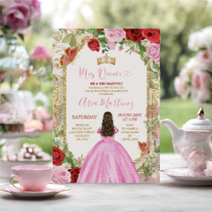 Rosa Dress Red Flowers Princess Guld Mis Quince Inbjudningar