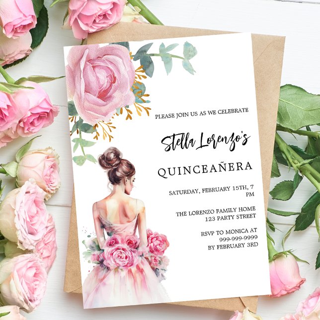 Rosa dress ro blommigt Quinceanera Inbjudningar (Skapare uppladdad)
