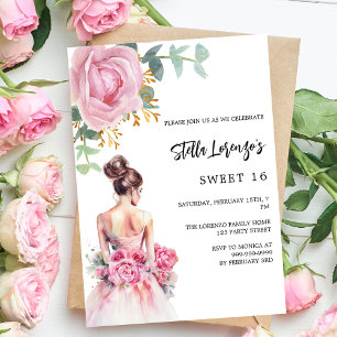 Rosa dress ro blommigt Sweet 16 lyx Inbjudningar