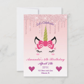 Rosa Drickning Glitter/Blommigt Unicorn Birthday Inbjudningar