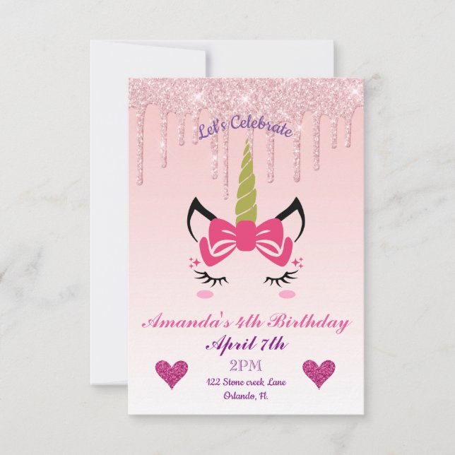 Rosa Drickning Glitter/Blommigt Unicorn Birthday Inbjudningar (Framsida)