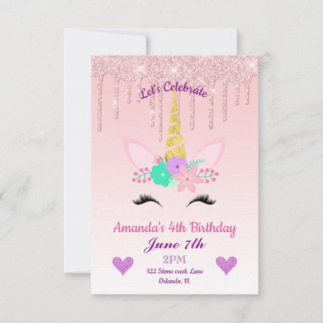 Rosa Drickning Glitter/Blommigt Unicorn Birthday Inbjudningar (Framsida)
