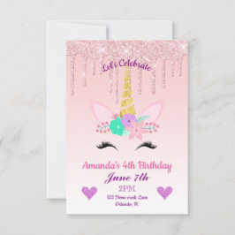 Rosa Drickning Glitter/Blommigt Unicorn Birthday Inbjudningar