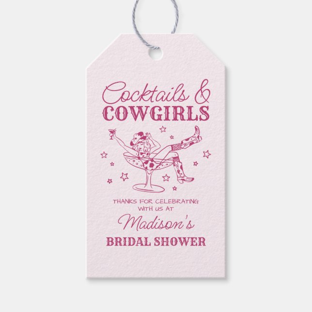 Rosa drinkar och cowgirl- bröllopsduschgåva presentetikett (Framsidan)