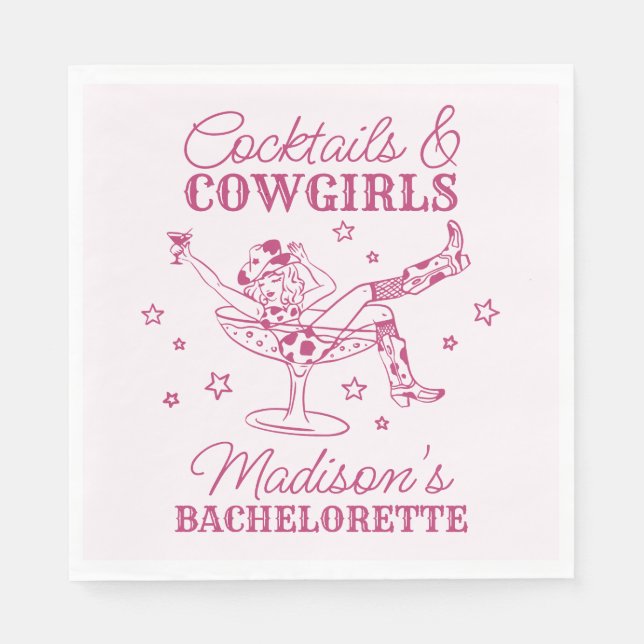 Rosa drinkar och cowgirls rodeo möhippa pappersservett (Framsidan)