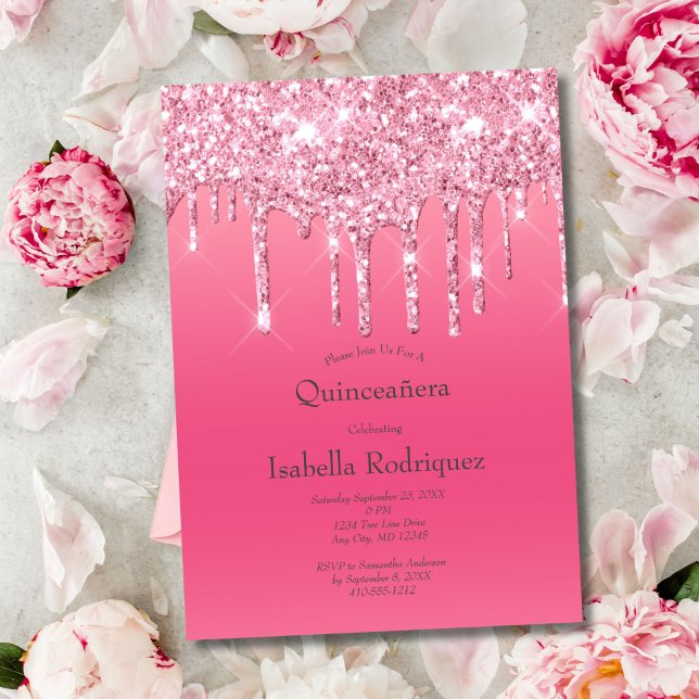 Rosa Dripping Glitter Quinceañera 15:e födelsedage Inbjudningar (Pink Dripping Glitter Quinceanera 15th Birthday party invitation for her.)