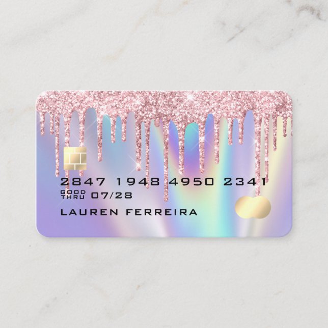 Rosa Drives Faux HoloGraph Kredit Card Stil Visitkort (Framsida)
