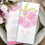 Rosa dubbla blommar blommor bröllop-menyn meny<br><div class="desc">Vackrik rosa blommar vattenfärgsmålad middagsmeny för bröllop eller speciell händelsemeny. Redigera den här 4-kursmenyn med din egen ord. En enkel men modern meny för rosa blommar vår. Idealisk för rosa bröllop,  vår bröllop eller vår var temat evenemang. © Design och vattenfärgsmålning av Sarah Trett för www.mylittleedenweddings.com på zazzle.</div>