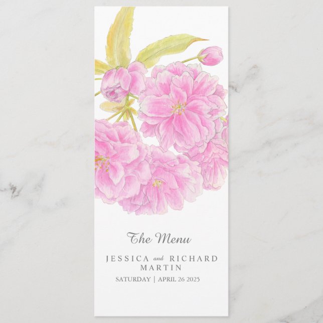 Rosa dubbla blommar blommor bröllop-menyn meny (Framsida)