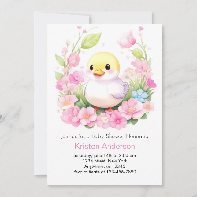 Rosa Duckling Cute Blissful Girl Baby Shower Inbjudningar (Framsida)