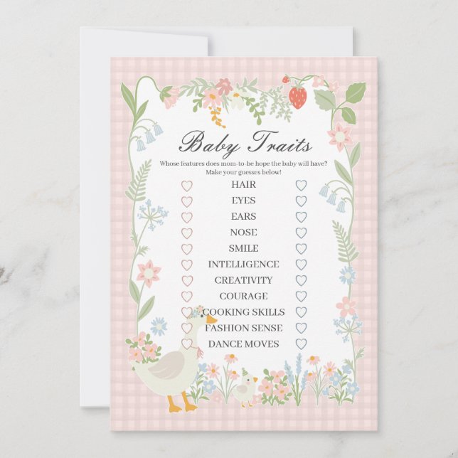 Rosa dumma gås blommig Gingham Baby Egenskaper Spe Inbjudningar (Framsida)