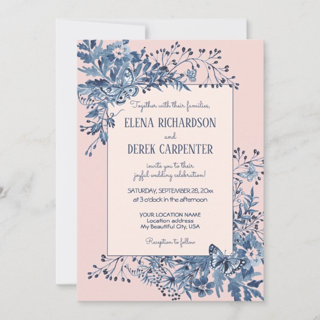  Rosa, Dusty Blue Blommigt Watercolor Bröllop Inbjudningar (Framsida)