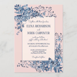 Rosa, Dusty Blue Blommigt Watercolor Bröllop Inbjudningar