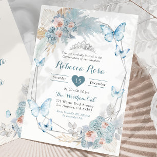 Rosa Dusty Blue Butterfly Royal Quinceañera Inbjudningar