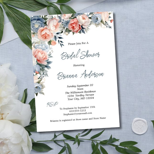 Rosa Dusty Blue White Blommigt Elegant Möhippa Inbjudningar (Dusty Blue Pink White Floral Bridal Shower Invitation)