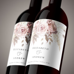 Rosa Dusty Ro Blommigt Bröllop Vin Vinflaska Etikett