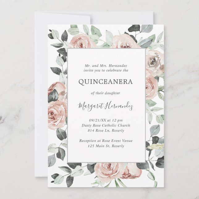 Rosa Dusty Ro Blommigt Quinceanera Inbjudningar (Framsida)