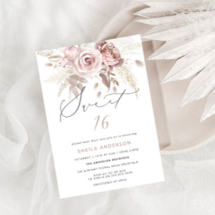  Rosa Dusty Ro Blommigt Sweet 16 Birthday Inbjudningar