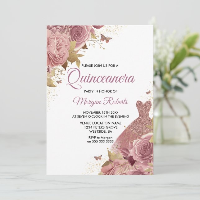  Rosa Dusty Ro Dress Quinceanera Party Inbjudningar (Stående Fram)