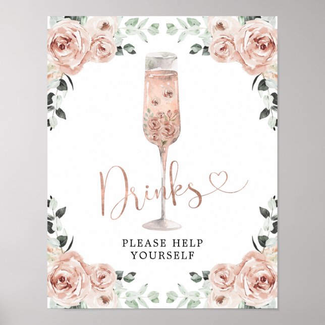 Rosa Dusty Ro Petals och Prosecco Drinks Sign Poster (Framsidan)