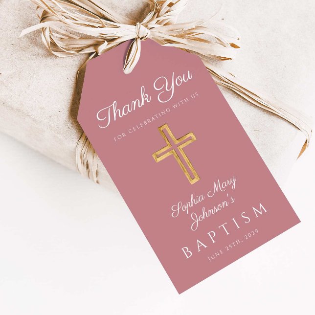 Rosa Dusty Ro Religiösa Kor Girl Baptism Presentetikett (Pink Religious Cross Girl Baptism Thank You Gift Tags)