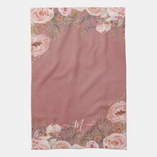 Rosa Dusty Ro Watercolor Blommigt Monogram Kökshandduk