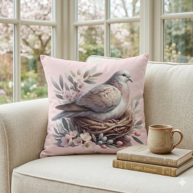 Rosa Duva Näste med Blommor och Olivkvistar Kudde (Blush Dove Nest with Flowers and Olive Branches Throw Pillow Mockup C)