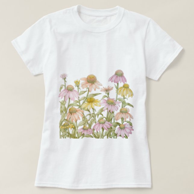 Rosa Echinacea Daisy Blommig Botanisk Konst T Shirt (Design framsida)