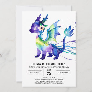 Rosa Editable Dragon Digital Girl Birthday Inbjudningar