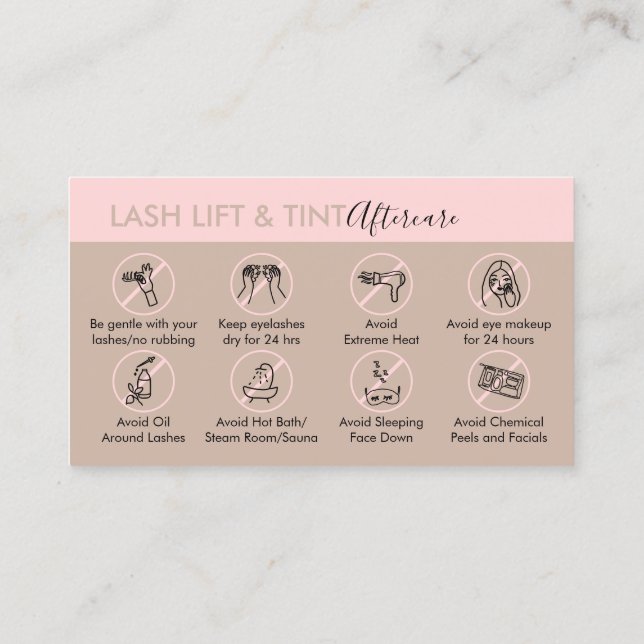 Rosa eftervårdsinstruktion för Lash Lift och Tint Visitkort (Baksida)
