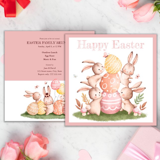 Rosa Eggs & Cute Bunnies Påsk-familjemönster Inbjudningar (Skapare uppladdad)