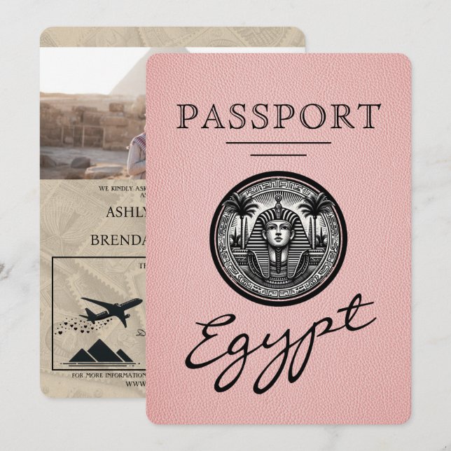 Rosa egyptiskt passfoto bröllopsinbjudan inbjudningar (Fram/baksida)