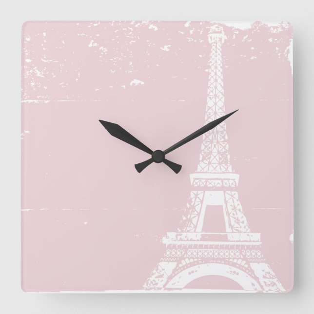 Rosa Eiffel Torn Anpassningsbar Wall Clock Fyrkantig Klocka (Framsida)