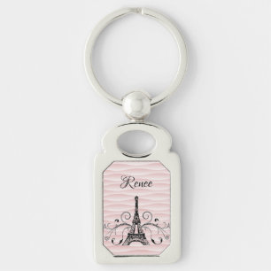 Rosa Eiffel Torn Flourish Metall Keychain Rektangulärt Silverfärgad Nyckelring