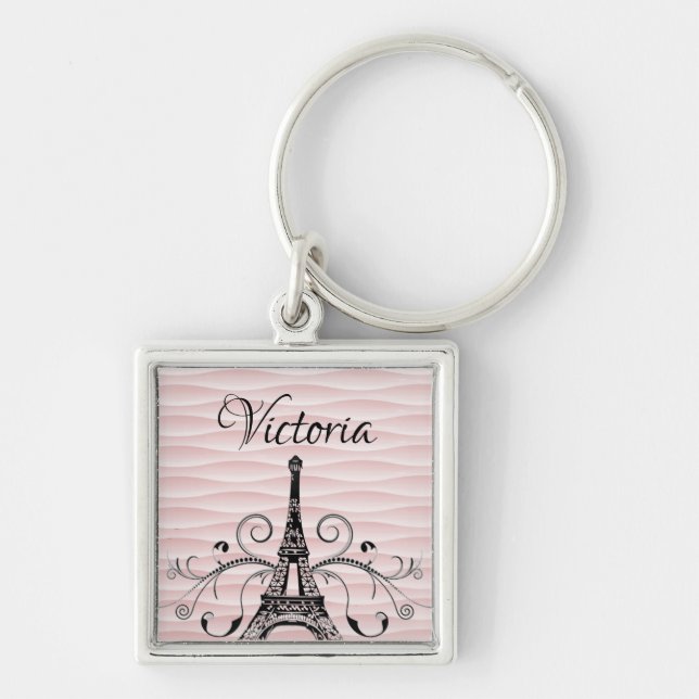 Rosa Eiffel Torn Flourish Square Keychain Fyrkantig Silverfärgad Nyckelring (Framsidan)