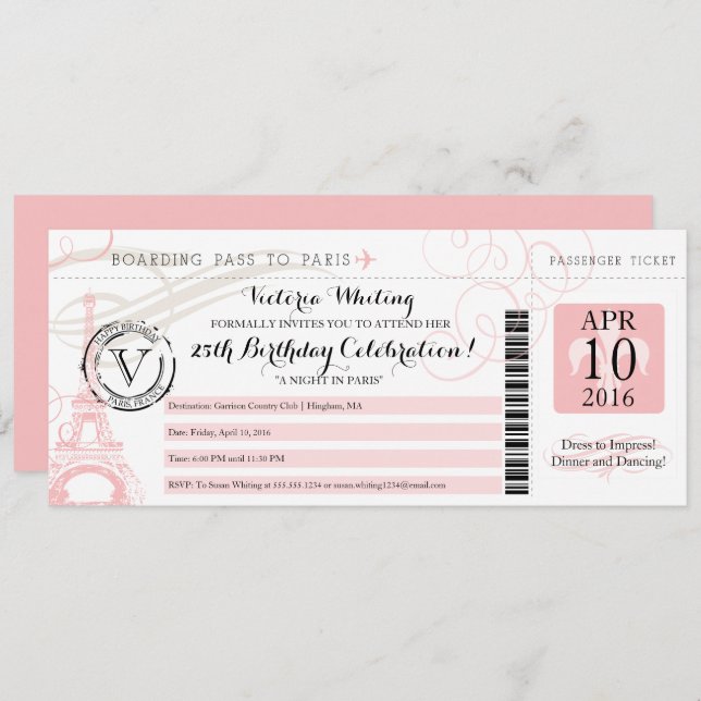 Rosa Eiffel Torn Night i Paris Födelsedagsfest Inbjudningar (Fram/baksida)