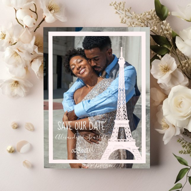 Rosa Eiffel Torn Photo Spara datum meddelande (Pink Eiffel Tower Photo Save the Date)