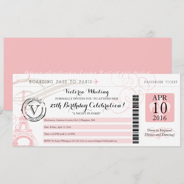 Rosa Eiffeltorn Natt i Paris Födelsedagsfest Inbjudningar (Fram/baksida)