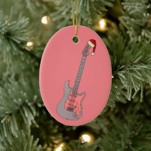 Rosa Electric Guitar Funny Festive Santa Hat Girls Julgransprydnad Keramik