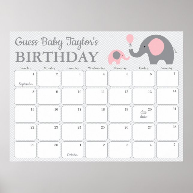 Rosa Elefant Baby Födelsedags Förutsägelsekalender Poster (Framsidan)