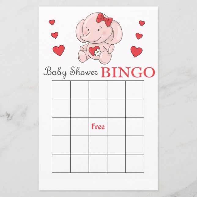Rosa elefant baby shower bingo kort (Framsida)