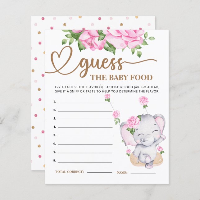 Rosa Elefant Baby Shower Gissa Baby Matkort (Fram/baksida)