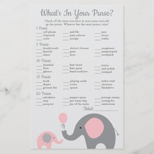 Rosa Elefant Baby Shower Vad Har Du I Din Handväsk Flygblad (Framsidan)