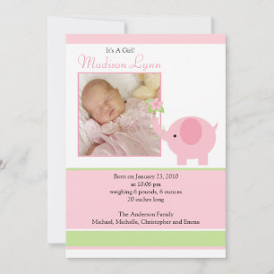 Rosa Elefant Babyflicka Foto Annonseringskort Meddelande