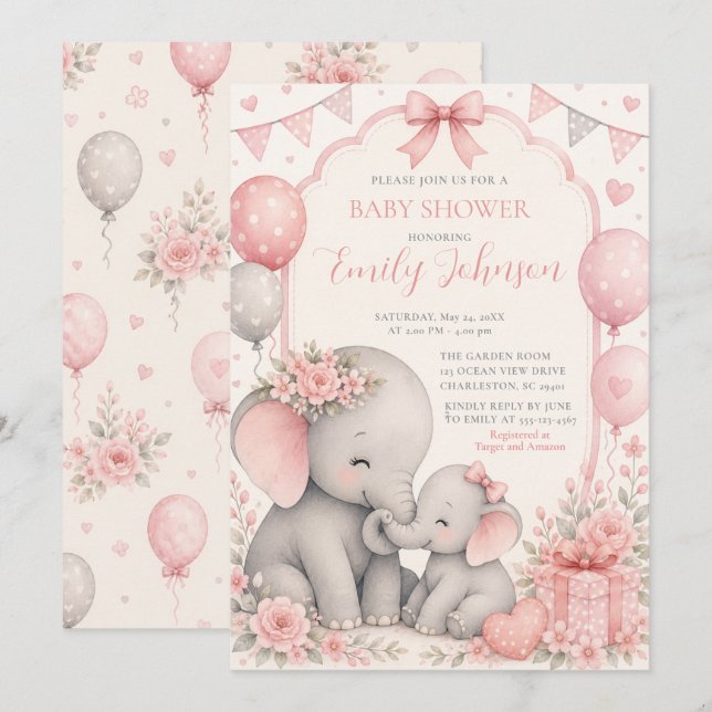 Rosa Elefant Babykalas Inbjudningar (Fram/baksida)