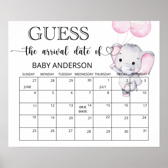 Rosa Elefant Gissa Förfallodatum Kalender Poster (Framsidan)