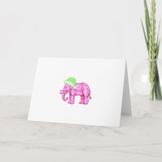 Rosa elefant i grön tomtehatt kort (Framsida)