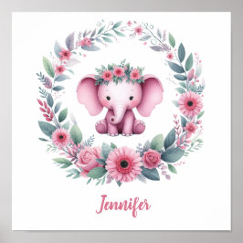 Rosa elefant med blomsterkrans poster